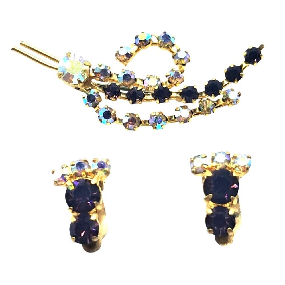 Vintage Rhinestone Jewelry Set Brooch Earrings‎ Purple Aurora Borealis